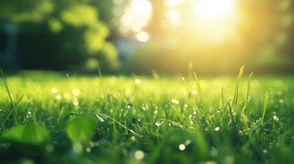 Green fresh grass lawn in Spring.
