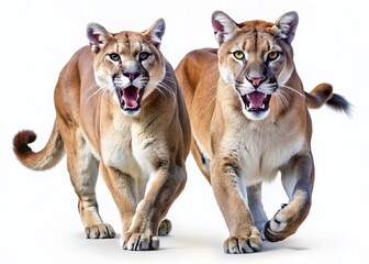 Obraz premium Majestic Mountain Lions: Roaring & Walking, Cutout, Isolated White Background - Wildlife Stock Photo