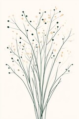 A minimalistic botanical drawing featuring slender branches with small circular leaves and buds in muted colors on a light background