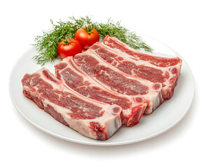 Fototapeta premium Raw Lamb Ribs on a White Plate with Tomatoes and Dill
