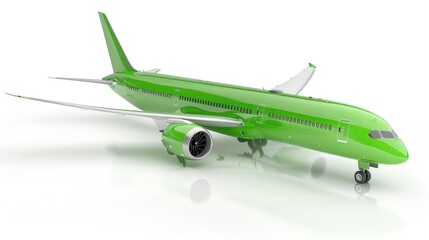 Obraz premium Sleek green airplane model positioned on a reflective surface, showcasing its design and aerodynamics