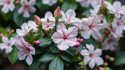 Naklejka premium Delicate Jasminum Grandiflorum Flowers With Pink Accents Against Lush Green Leaves And Clear Space For Text Overlays
