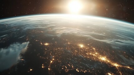 Obraz premium Earth stars and light. A globe with a panoramic view of earth in space. A city with a city with lights and clouds. Planet earth adorned with stars and lifestyle illumination.