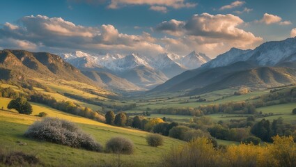 Naklejka premium Majestic mountain landscape with lush valleys and vibrant autumn foliage under a dramatic sky showcasing natural beauty and tranquility.