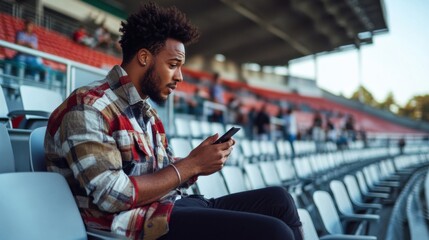 Social media rumors affecting a man at a sports event. Featuring frustration and anxiety