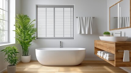 Fototapeta premium Serene Modern Minimalist Bathroom Design Featuring Freestanding Bathtub and Natural Elements with Eco-Friendly Vibe