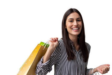 Smiling Latina shopper holding designer shopping bags
