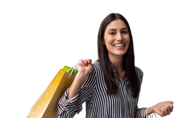Smiling Latina shopper holding designer shopping bags