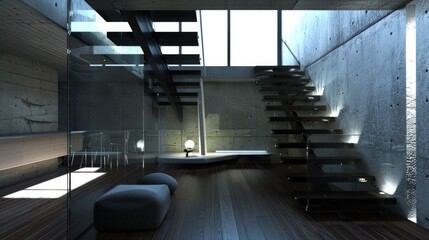 Obraz premium Modern Minimalist Concrete Home Interior with Glass and Metal Staircase