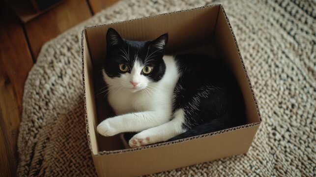 cute black and white cat relaxing in cardboard box