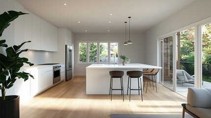 Fototapeta premium Bright and Spacious Modern Minimalist Kitchen with Open Layout and Natural Light, Featuring Sleek Cabinets and Stylish Bar Stools