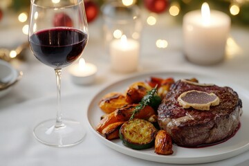 A luxurious holiday dinner setting with a perfectly cooked steak, roasted vegetables, and a glass of red wine under the soft glow of candlelight, creating an inviting ambiance.