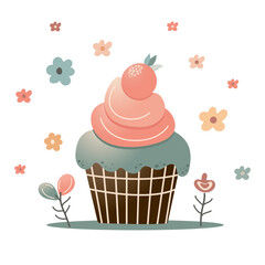 one isolated chocolate easter cupcake with pink cream and pink berry with gradient effect. vector easter with chocolate brownie