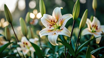 Fototapeta premium Elegant white lily flower in lush green garden setting with soft sunlight highlighting delicate petals and buds. Perfect for nature themes.