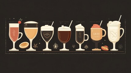 Menu of Different Coffee Types, Cups, and Iris Flower