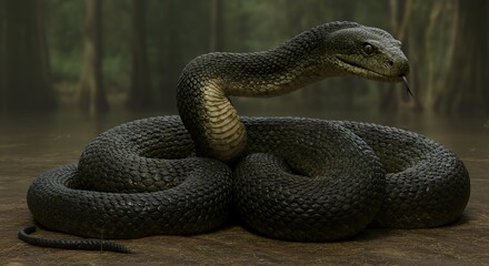 Coiled Snake with Tongue Out in Swamp Environment for Wildlife Education