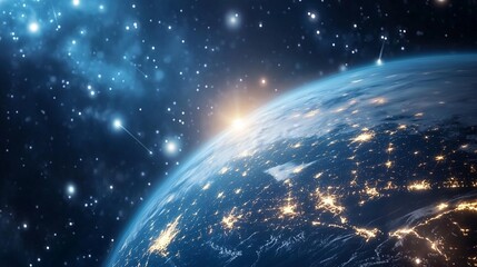 Obraz premium Earth stars and light. A globe with a panoramic view of earth in space. A city with a city with lights and clouds. Planet earth adorned with stars lifestyle and illumination.