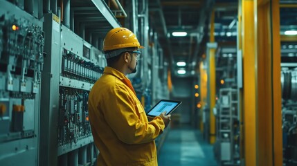 industrial worker using tablet in factory