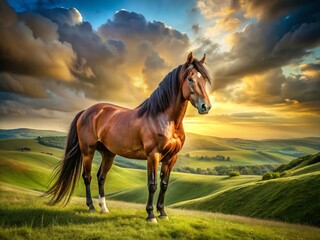 Majestic Stallion in Rolling Hills: Stunning Landscape Horse Photography for Professional Use