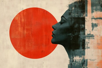 Woman silhouette facing rising sun with grunge texture effect