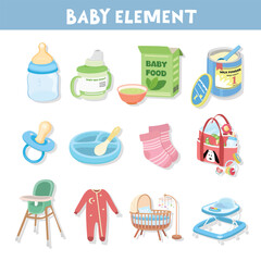 Baby element vector set in cartoon style. Baby item clipart in flat design. Baby shower concept.  Products, furniture for caring newborn baby or infant. High chair, bottle, straw cup, sock, pacifier