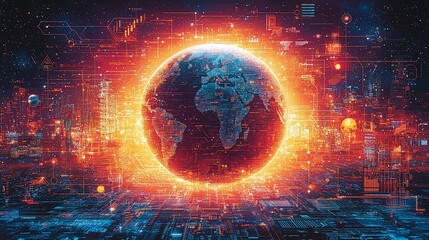 Glowing Earth encircled by digital data streams.