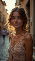 Fototapeta premium Young woman with wavy hair stands in a sunlit Italy street, wearing dress. Lifestyle, fashion, and travel content.