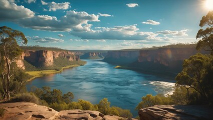 Scenic Murchison River Viewpoint with Dramatic Cliffs Under Clear Blue Skies Ideal for Nature and Travel Promotions
