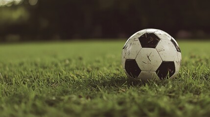Soccer ball on grass lawn. Outdoor activity.