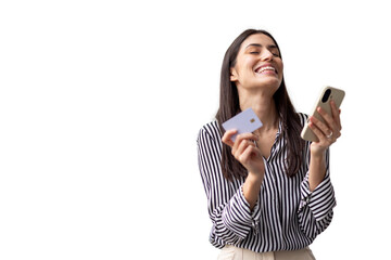 Excited Latina shopper making a secure payment on her smartphone