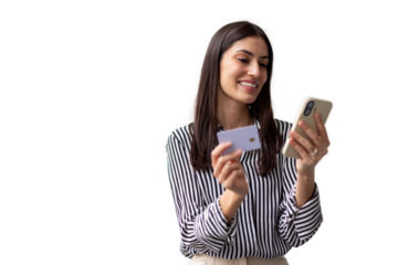 Modern Latina consumer using a smartphone and credit card for e-commerce