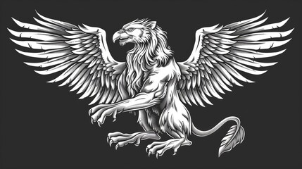 Obraz premium Majestic winged griffin illustration showcasing intricate details and powerful stance against a dark background