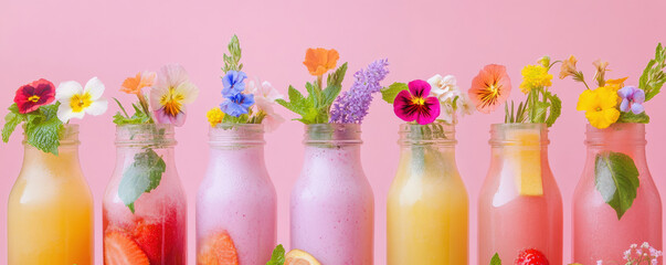 Fresh tropical fruit smoothies in bottles, garnished with colorful flowers, create vibrant and refreshing display. Perfect for summer gatherings or health focused events