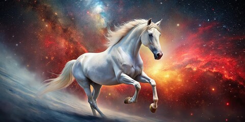 Majestic White Horse Galloping Through Ethereal Space, Fiery Red Trail