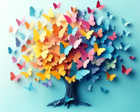Colorful paper butterflies flying around a tree symbolizing mental wellbeing and hope