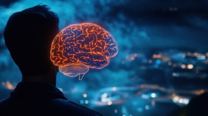 Fototapeta premium Man, Brain, Night City, Future, Thought, Innovation, Concept, Design