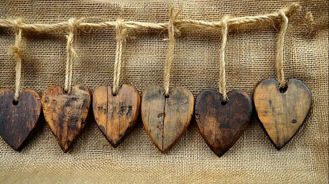 Row of Rustic Brown Wooden Hearts on Burlap