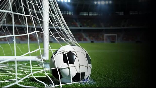 The moment of a goal in football. The football ball enters the goal. The goal net and the ball.
