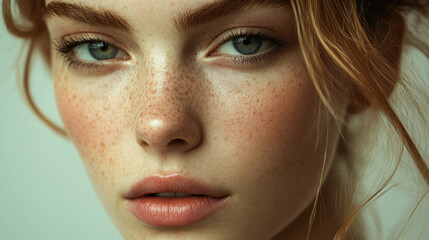 Fototapeta premium Close-up portrait of a young woman with freckles, soft natural makeup, and a calm expression, showcasing beauty, innocence, and natural elegance.