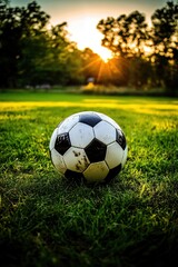 Fototapeta premium Soccer ball on grass lawn. Outdoor activity.