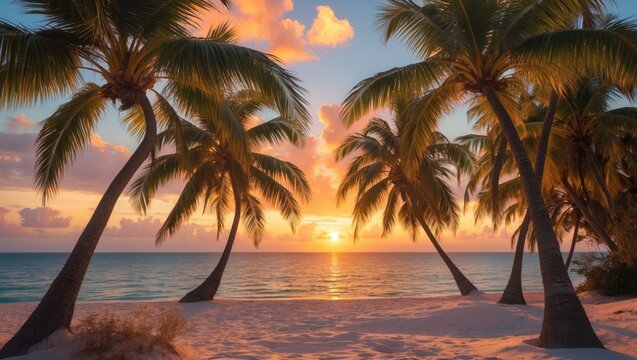 Tranquil tropical sunset with palm trees silhouetted against a vibrant sky, perfect for serene vacation imagery and relaxation themes.