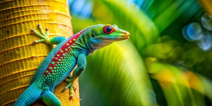 Mauritius Turquoise Gecko on Palm Tree Trunk - Exotic Reptile Stock Photo