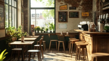 sunny cafe interior with wooden furniture and plants
