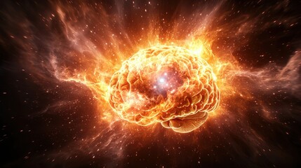 Obraz premium A vibrant explosion resembling a cosmic brain, set against a backdrop of swirling stars and nebulous clouds, capturing the essence of creativity and the universe.