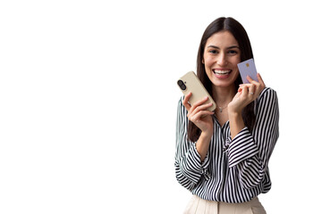 Fototapeta premium Cheerful Latina woman making an online order with a credit card