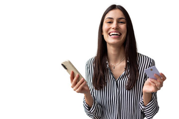 Confident Latina shopper completing an online transaction on her mobile device