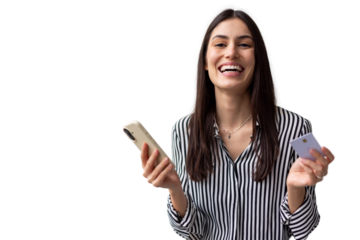 Confident Latina shopper completing an online transaction on her mobile device