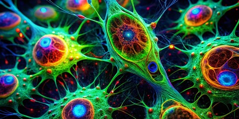 Microscopic Cellular Structures Illuminated at Night, Vivid Fluorescent Microscopy