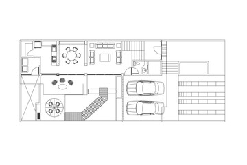 2d floor plan house with 2 car garage black and white color