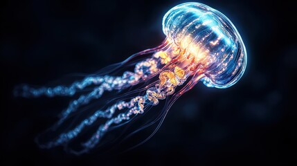 A glowing jellyfish swims gracefully in dark waters, showcasing vibrant colors and delicate tentacles.